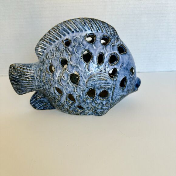 Glazed Ceramic Fish Costal Decor Blue 9 X 6.5" Nautical Sculpture Home Staging - Picture 3 of 7